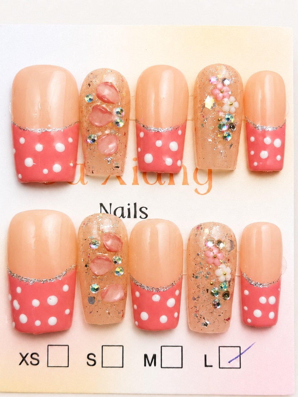 NEW Pink Polka Dot 3D Floral Press On Nails | French Tip Glam | Long Square | LG
